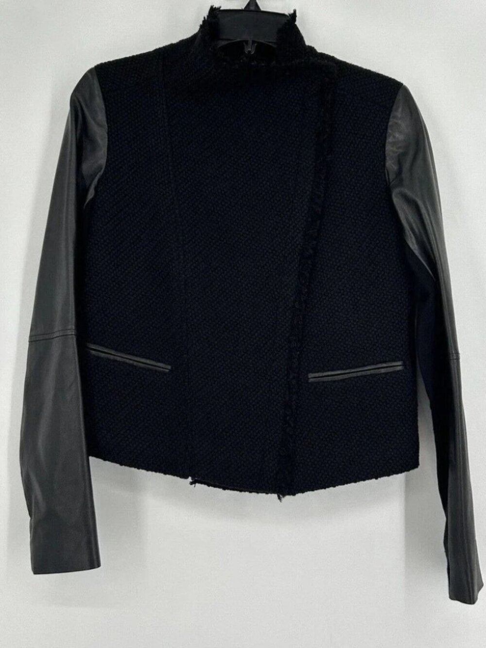 Vince Bouclé Scuba Moto Jacket – Lamb Leather Sleeves – Black – Size S 🖤